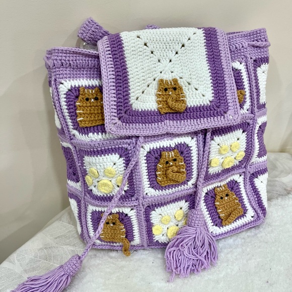 Purple and White Crochet Cat Design Backpack - Picture 1 of 8